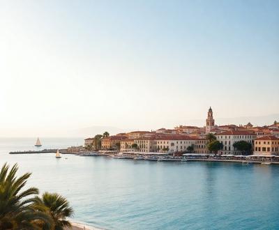 The primary subject of the image is a large city with a harbor filled with boats. The city is situated on a large body of water, and the sky above it is blue. The setting is a beautiful coastal area with a mix of natural and urban elements. The visual style of the image is a realistic representation of the city and its surroundings. The colors and mood of the image are vibrant and lively, with the blue sky and water creating a serene and inviting atmosphere.